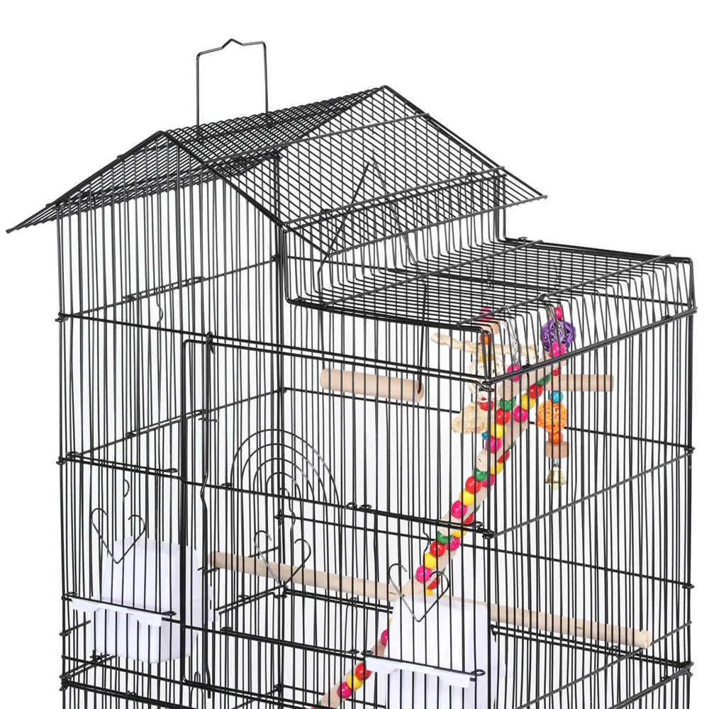 39"H Metal Bird Cage Large Roof Top Huge House for Small Birds, Black