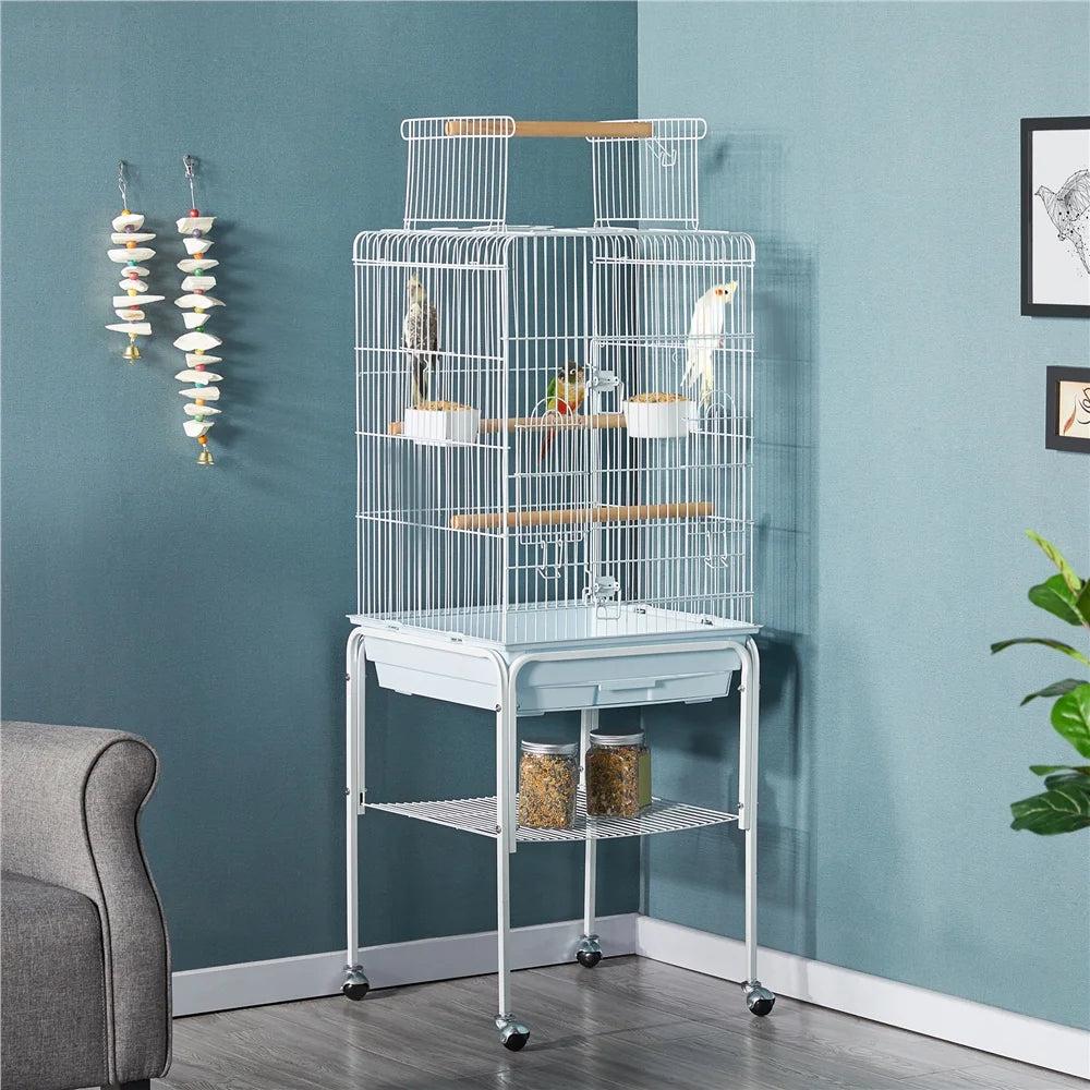 47" Play Top Bird Cage with with Rolling Stand, White