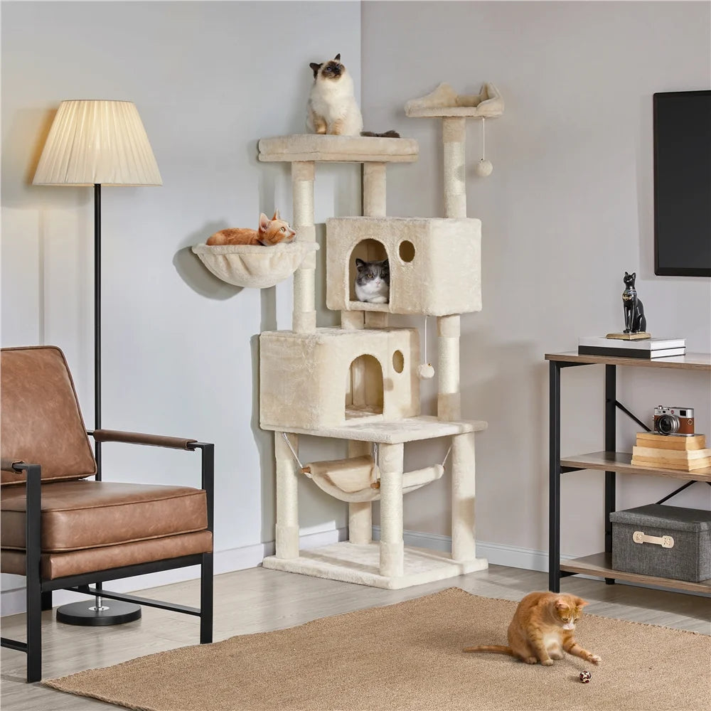 64.5"H Multi-Level Cat Tree Tower with Condos and Perches, Beige