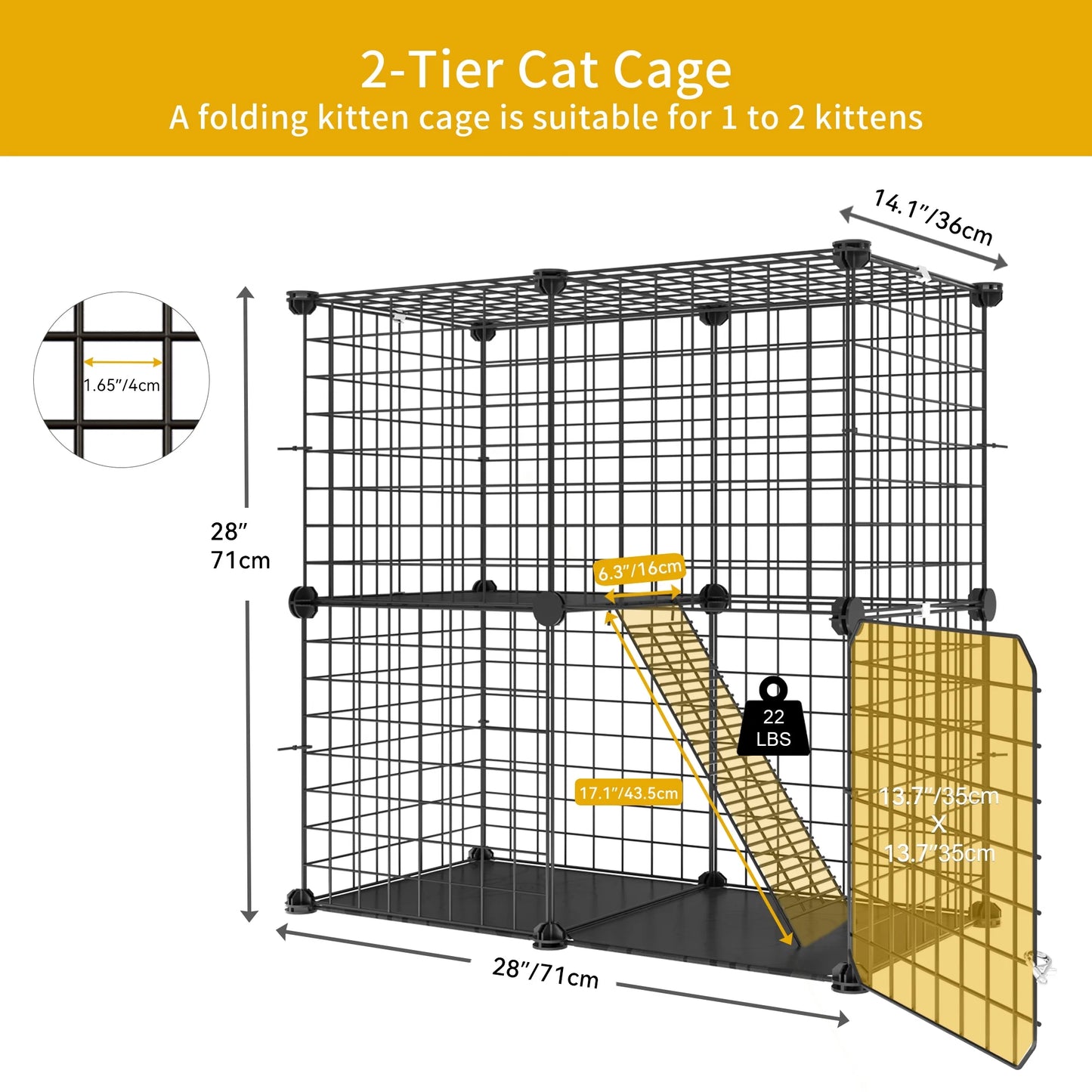 2-Tier Cat Cage,Indoor Pet Cage,Versatile DIY Pet Playpen Cat Kennel with Removable Metal Wiring,For Small Cats, Ferrets, Chinchillas, Kittens,28"L X 14.1"W X 28"H,Black