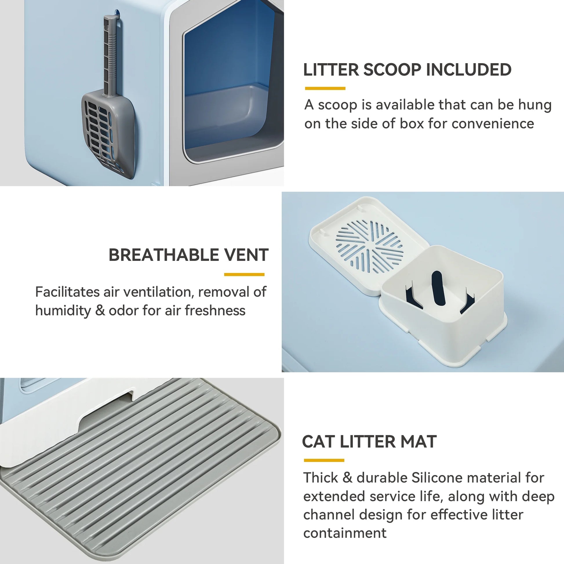 Extra Large Hooded Cat Litter Box, Odor-Free, Easy to Clean with Mat & Scoop, Blue