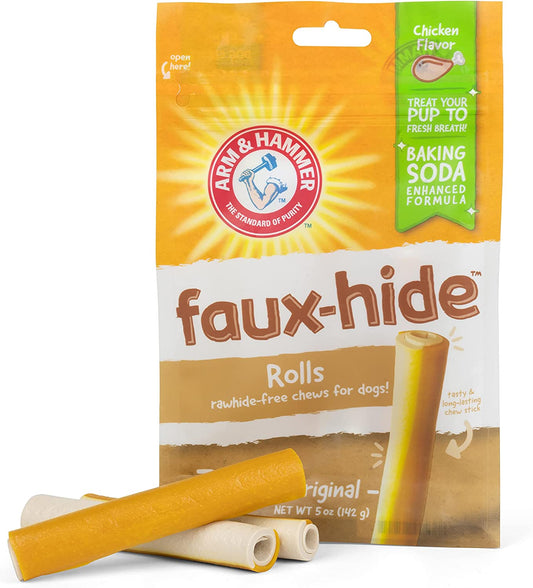 Faux-Hide Dog Dental Treat Rolls, 7 Pcs | 5 Oz Bag Rawhide Free Dog Dental Chews in Chicken Flavor | Baking Soda Enhanced Formula Dental Treats for Dogs for Fresh Breath