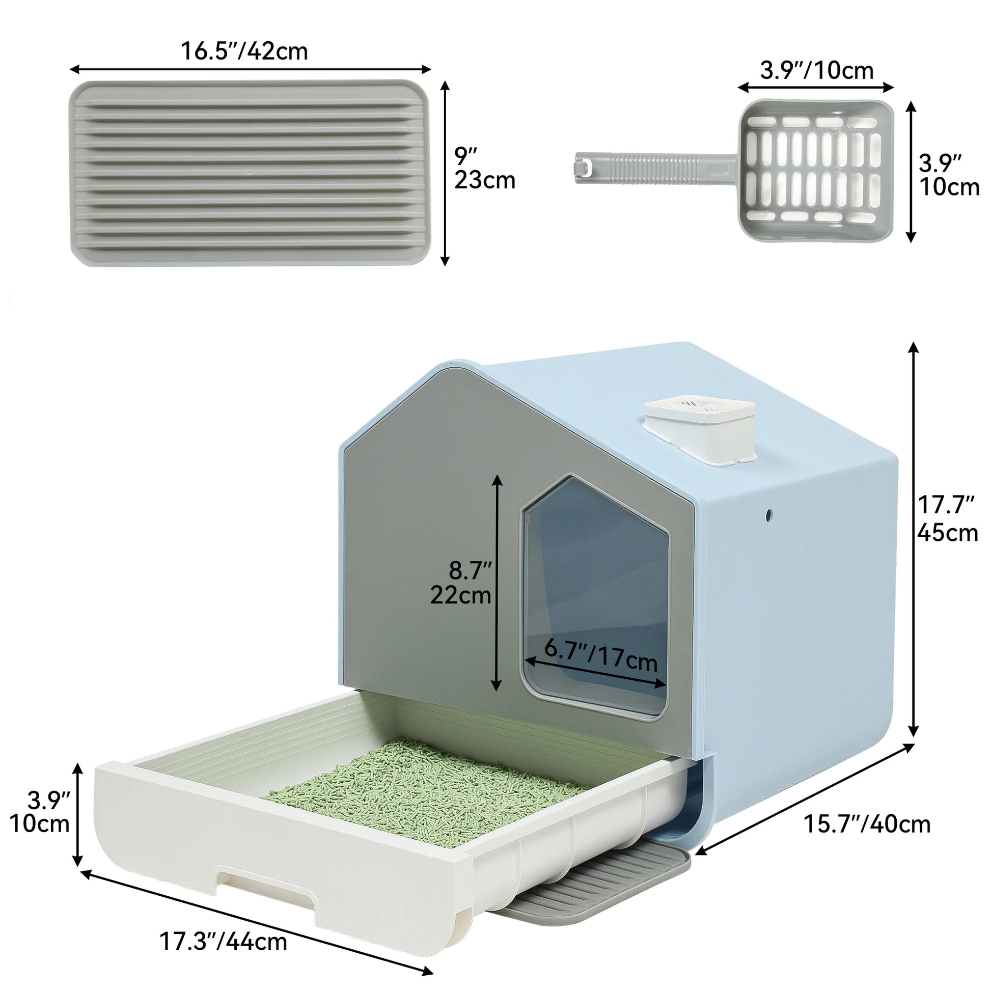 Extra Large Hooded Cat Litter Box, Odor-Free, Easy to Clean with Mat & Scoop, Blue