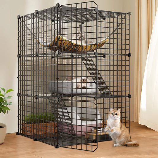 Indoor Cat Cage 3 Tiers - DIY Cat Enclosures Metal Playpen with Extra Large Hammock, and Sturdy Design(28"L X 28"W X 41"H)