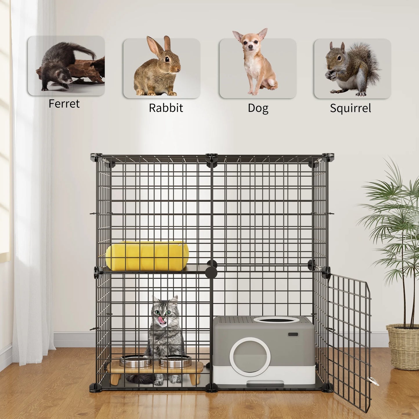2-Tier Cat Cage,Indoor Pet Cage,Versatile DIY Pet Playpen Cat Kennel with Removable Metal Wiring,For Small Cats, Ferrets, Chinchillas, Kittens,28"L X 14.1"W X 28"H,Black