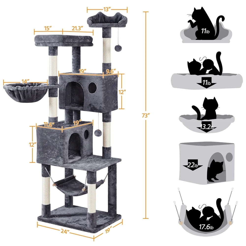 73"H Multi-Level Cat Tree Tower with Condos and Perches, Dark Gray