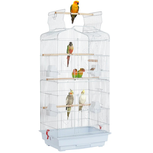 41" Four Feeders Double-Door Metal Birdcage with Slide-Out Tray,White