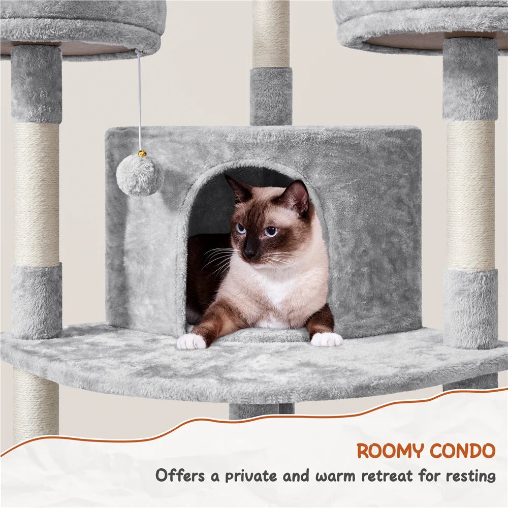 76"H Large Multilevel Cat Tree Tower with Condos and Perches, Light Gray