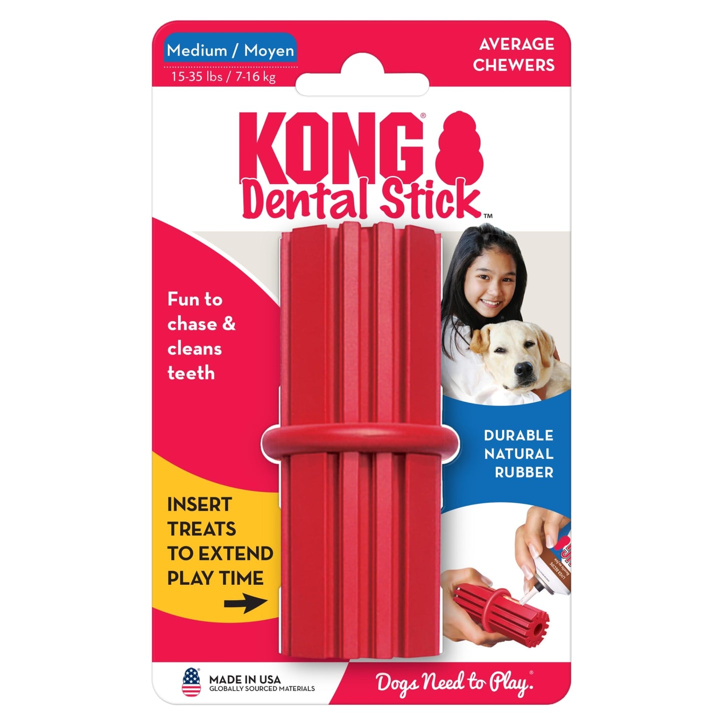 KONG Dental Stick for Dog Dental Care - Stuffable Chew Toy - Provides Chewing Outlet & Satisfies Instinctual Needs - Cleans Teeth & Gums - Made with Durable Natural Rubber - for Medium Dogs