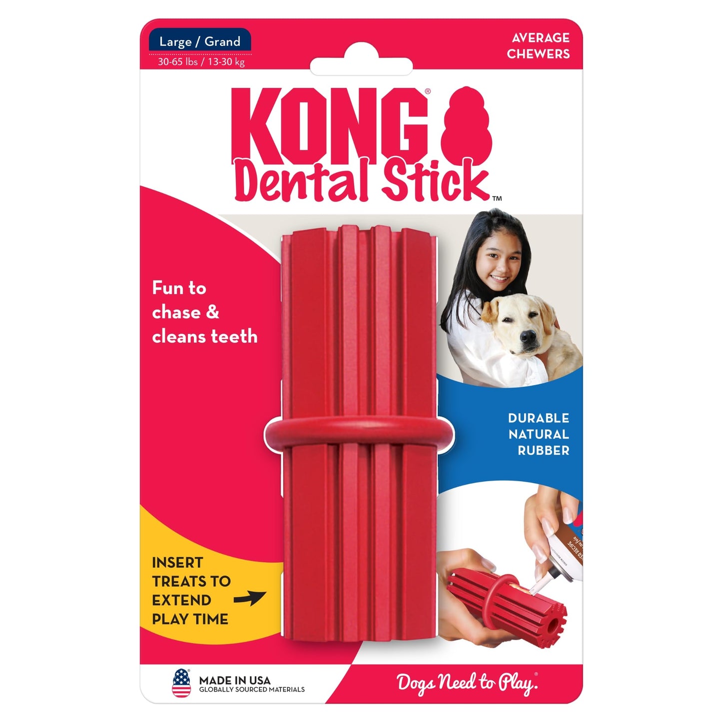 KONG Dental Stick for Dog Dental Care - Stuffable Chew Toy - Provides Chewing Outlet & Satisfies Instinctual Needs - Cleans Teeth & Gums - Made with Durable Natural Rubber - for Medium Dogs