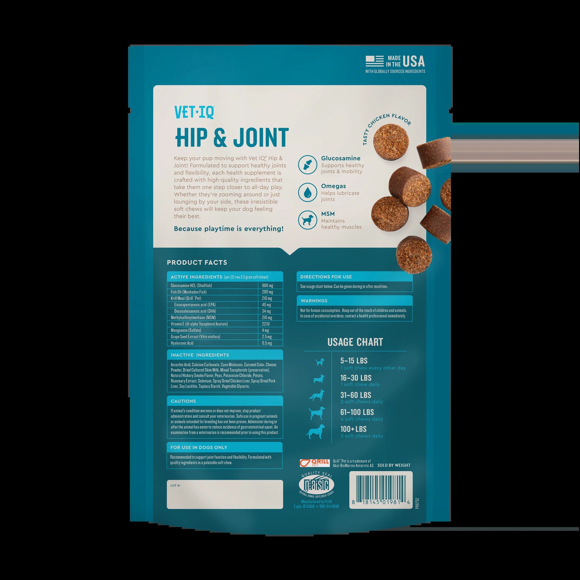 Hip & Joint Supplement for Dogs, Chicken Flavored Soft Chews, 7.4 Oz