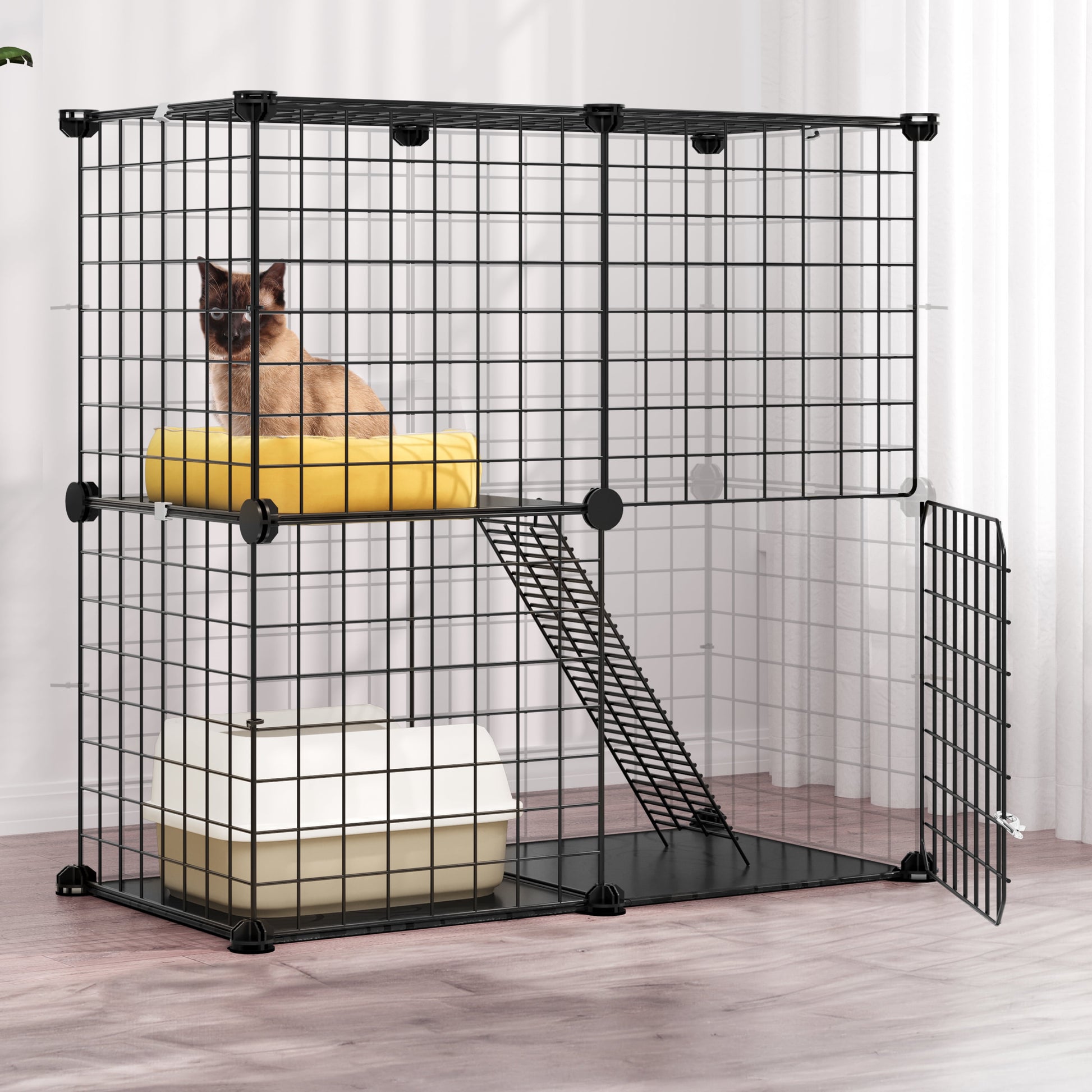 2-Tier Cat Cage,Indoor Pet Cage,Versatile DIY Pet Playpen Cat Kennel with Removable Metal Wiring,For Small Cats, Ferrets, Chinchillas, Kittens,28"L X 14.1"W X 28"H,Black