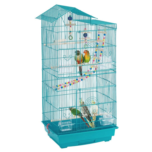 39"H Metal Bird Cage Large Roof Top Huge House for Small Birds, Teal Blue