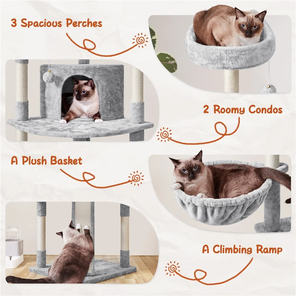 76"H Large Multilevel Cat Tree Tower with Condos and Perches, Light Gray