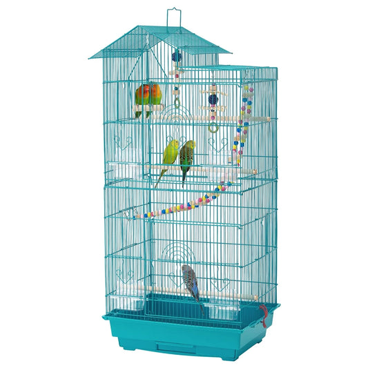 39"H Metal Large Roof Top Parrot Cage with Perches and Toys, Teal Blue