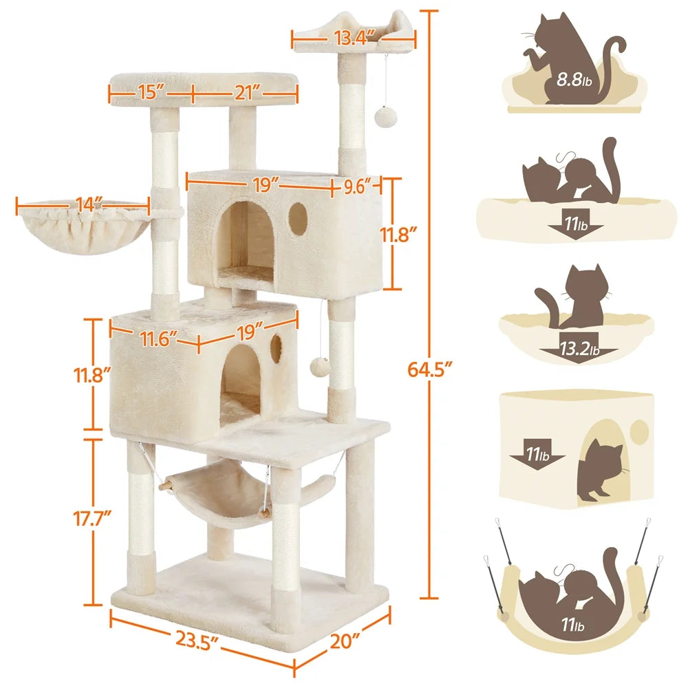64.5"H Multi-Level Cat Tree Tower with Condos and Perches, Beige