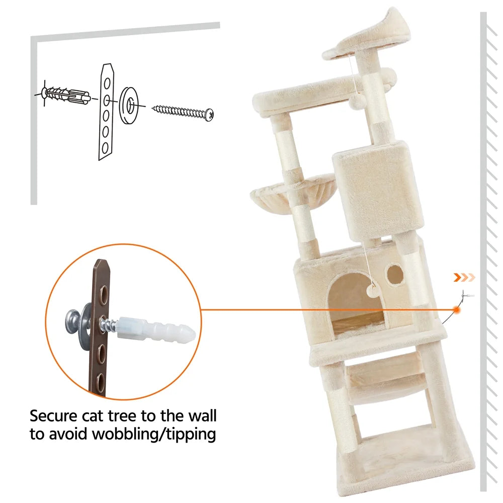 64.5"H Multi-Level Cat Tree Tower with Condos and Perches, Beige