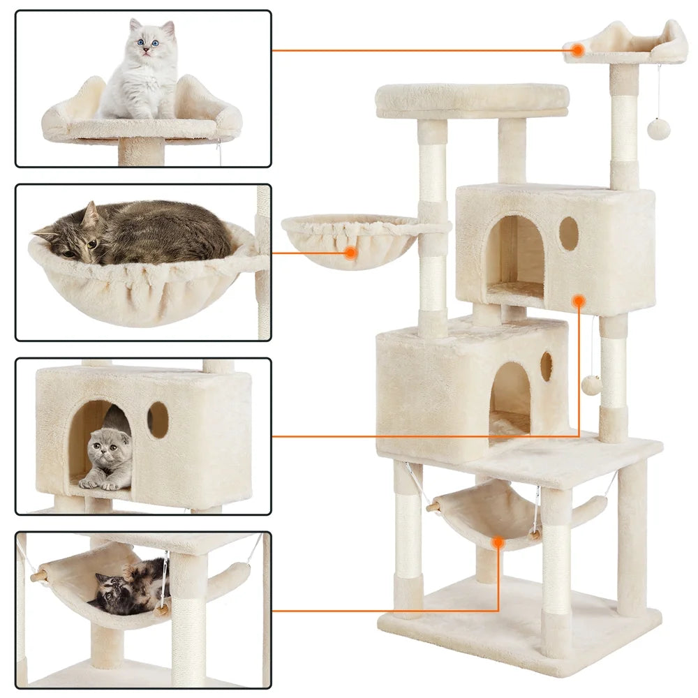 64.5"H Multi-Level Cat Tree Tower with Condos and Perches, Beige